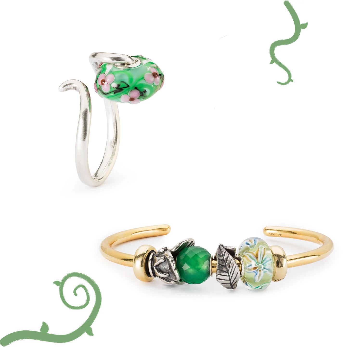 Trollbeads Armspange und Ring mit Beads aus Glas, Silber und Edelstein.